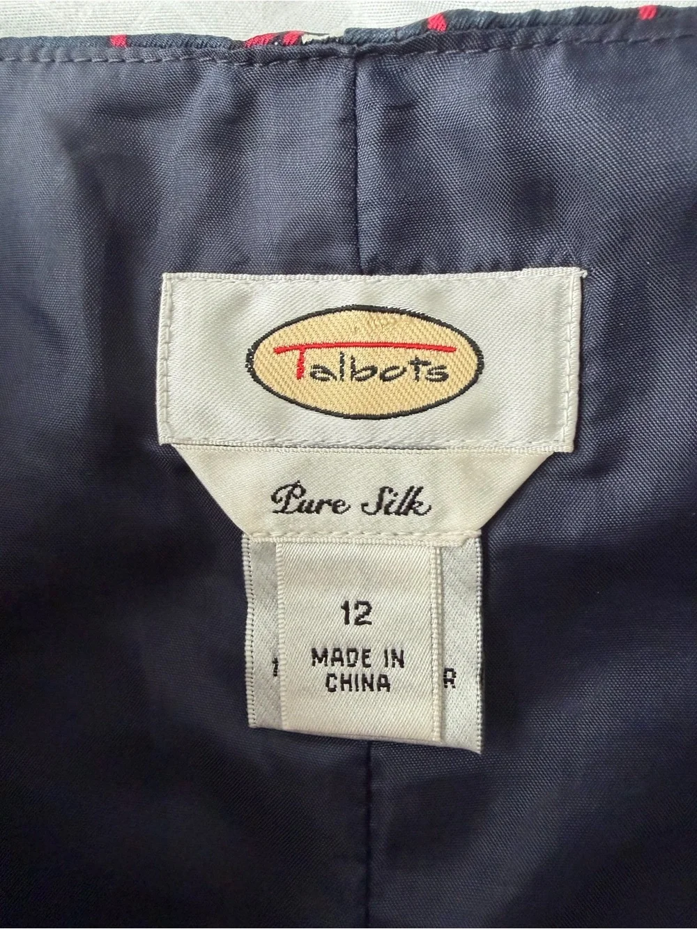 Vintage Talbots Pure Silk Printed A-Line Midi Skirt 12 Navy Red 90s Academia